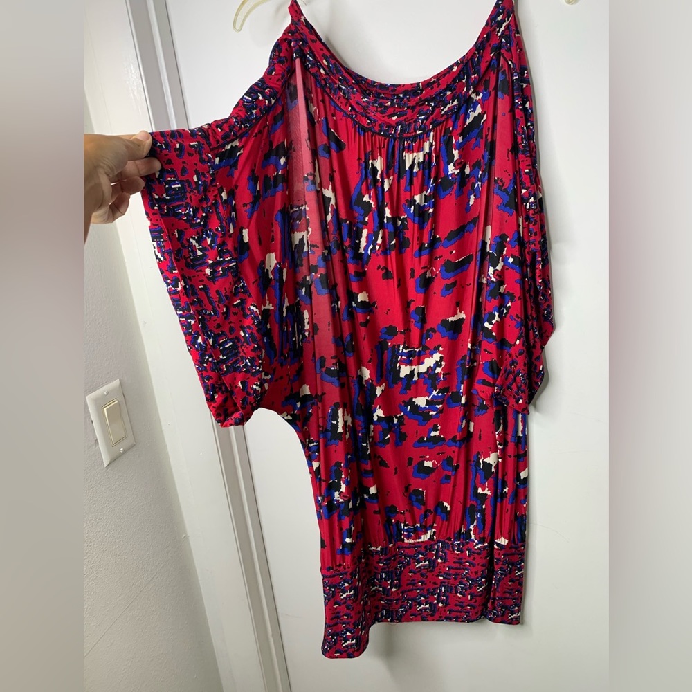 BCBG MAXAZRIA Red Abstract Pixel Silky Knit Dolman Mini Dress L